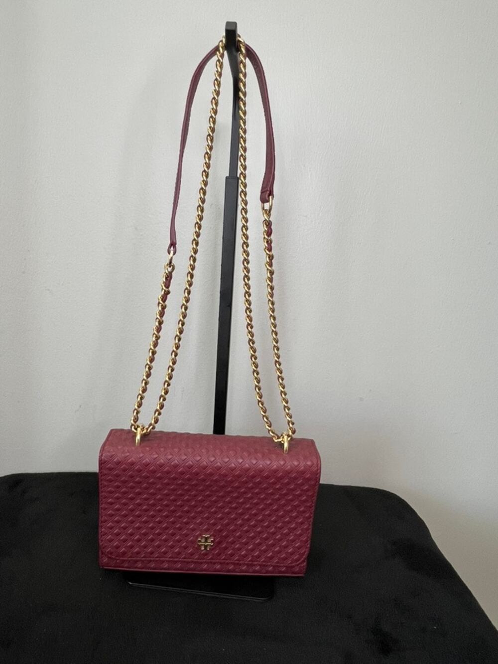 Tory Burch Marion Embossed Shrunken Mini Burgundy Leather Chain Bag